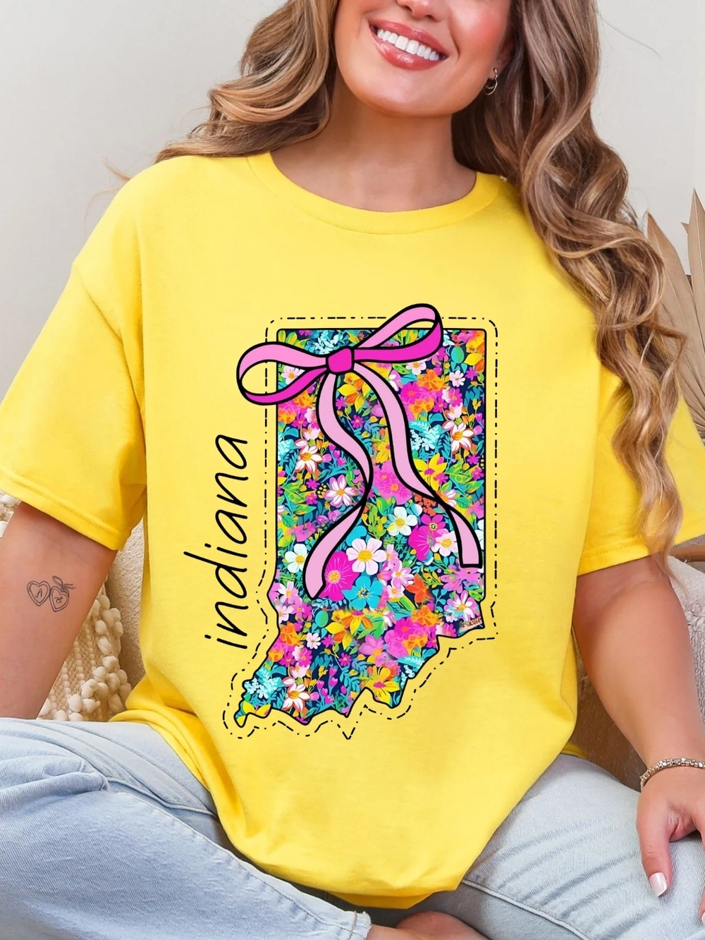 Gildan Yellow Indiana Floral Tee with Pink Bow Accent